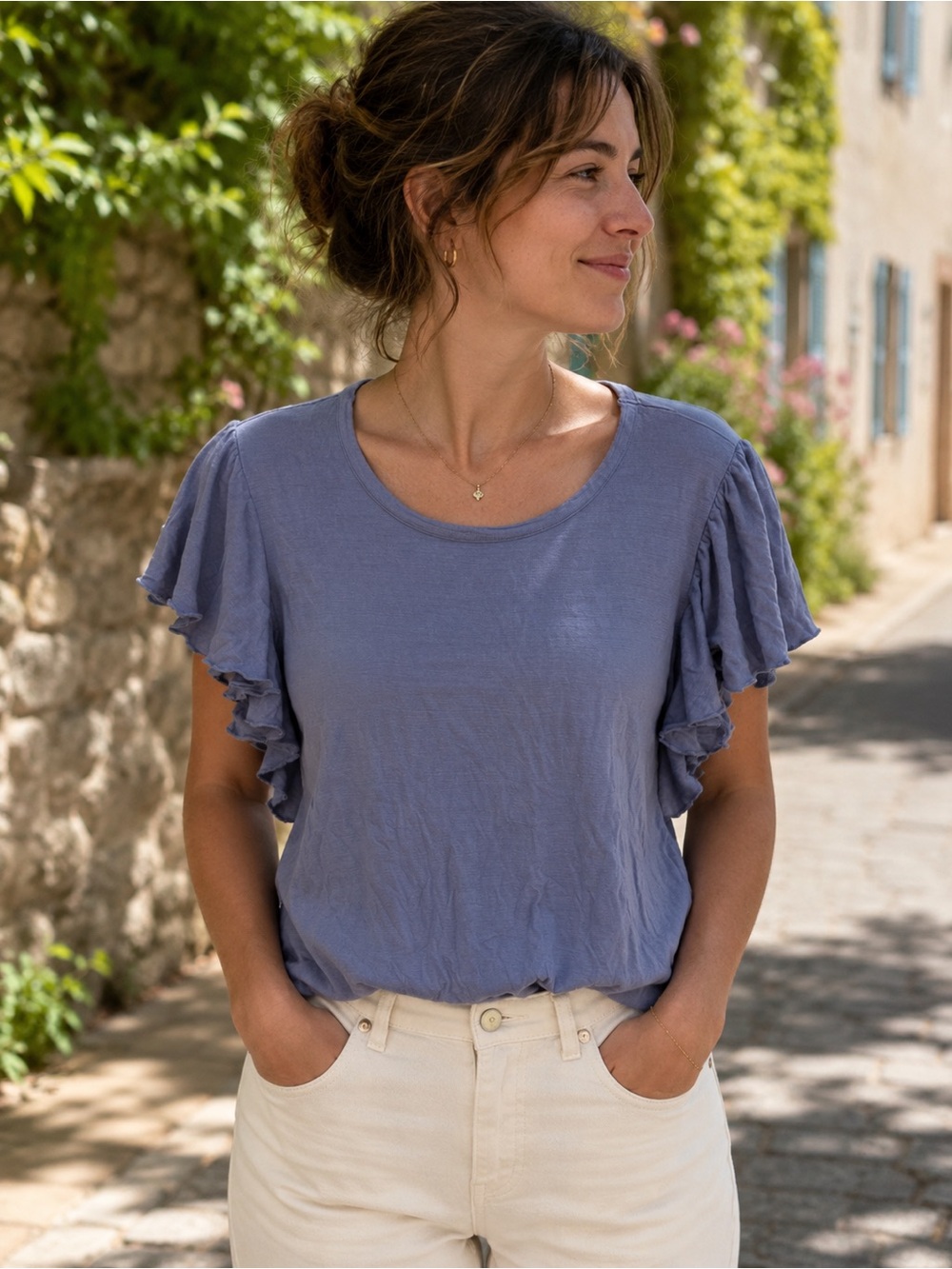 Kim & Cami Womens Blue Ruffle Sleeve Blend Top medium